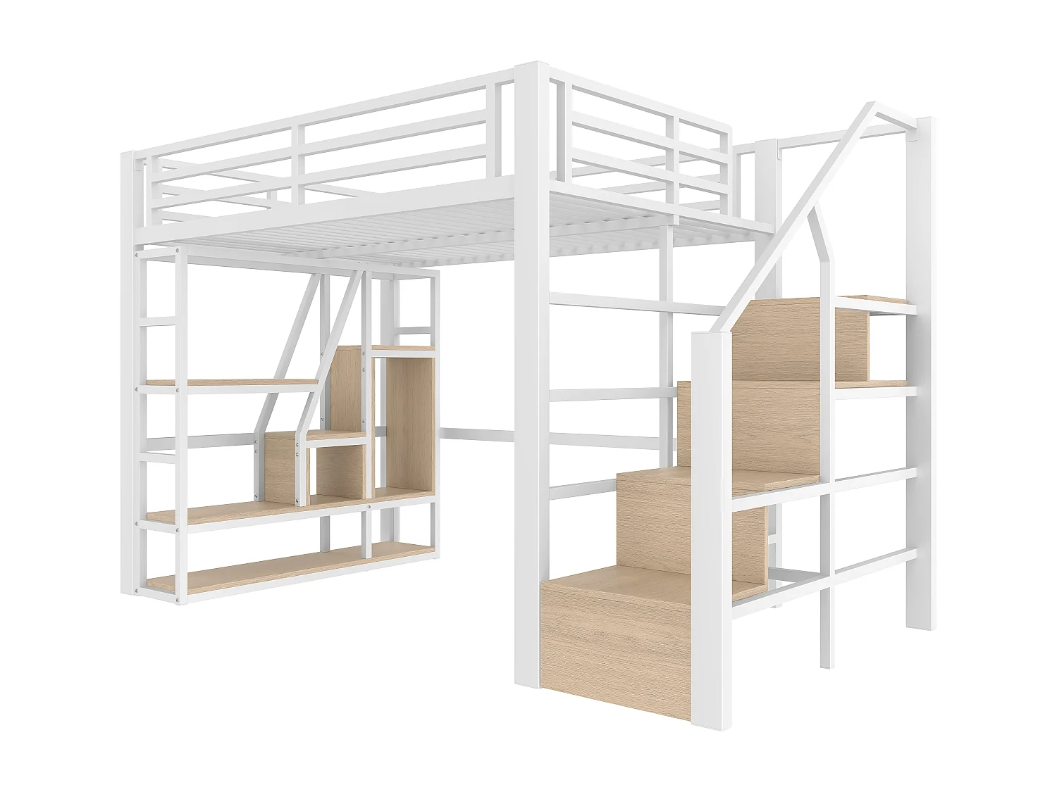 Lit mezzanine enfant 140 x 200 cm avec LED, rangement et escalier - MDF + métal -Blanc