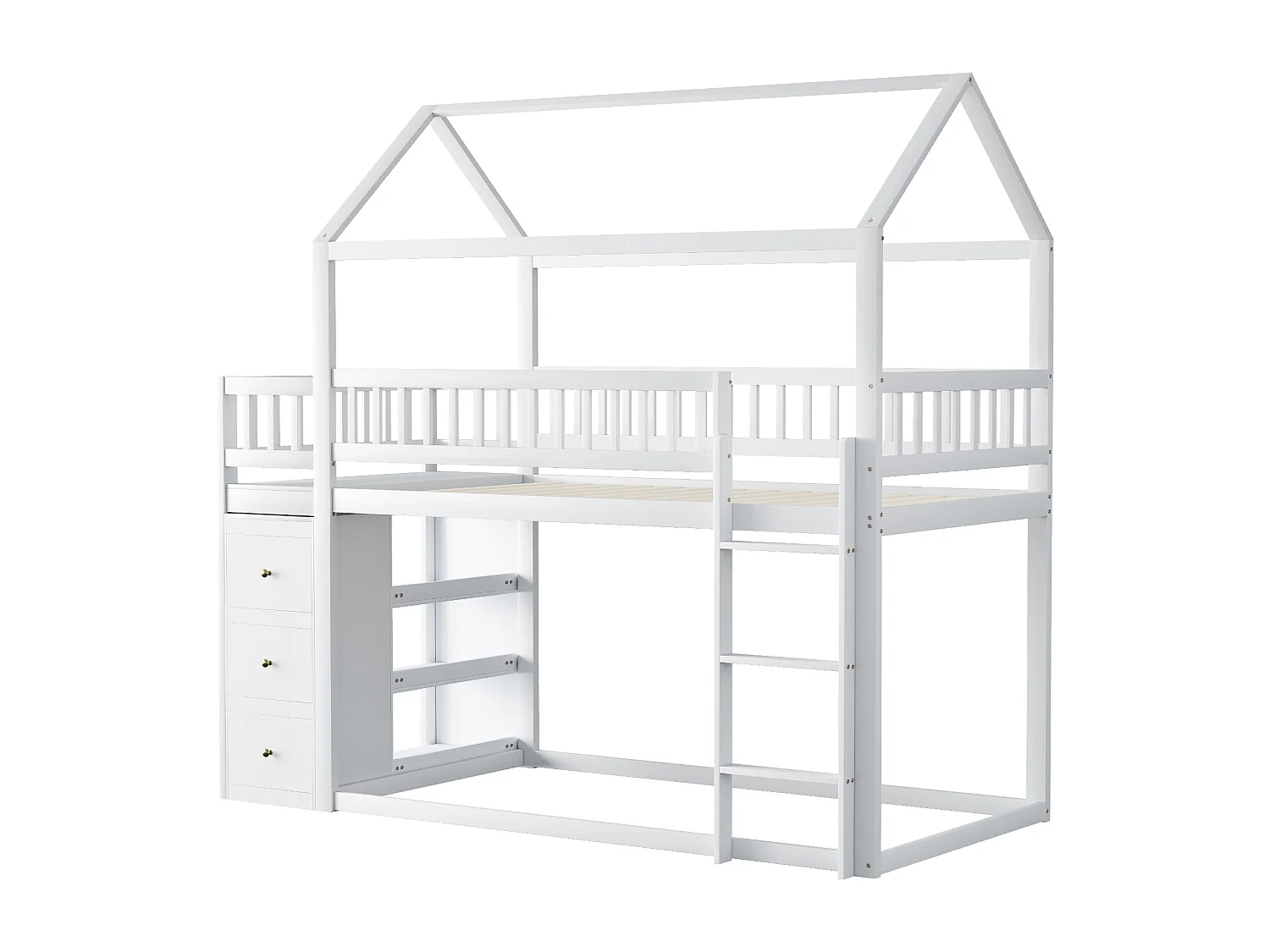 Lit superposé cabane enfant 90x200cm avec 3 tiroirs et étagères, pin + MDF, blanc