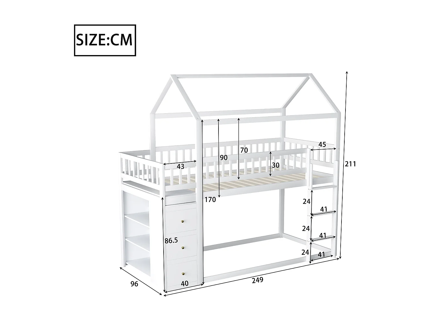 Lit superposé cabane enfant 90x200cm avec 3 tiroirs et étagères, pin + MDF, blanc