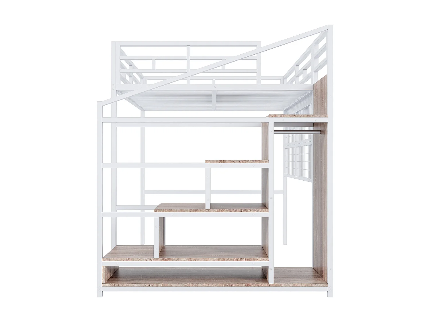 Lit mezzanine 140x200cm avec escalier de rangement, LED et penderie - Métal + MDF - Blanc et bois