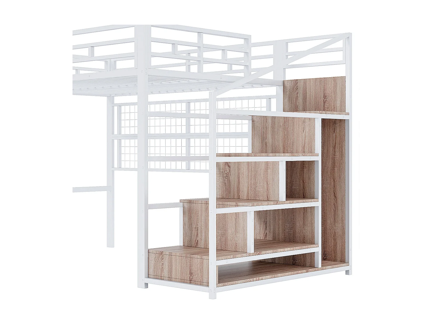 Lit mezzanine 140x200cm avec escalier de rangement, LED et penderie - Métal + MDF - Blanc et bois