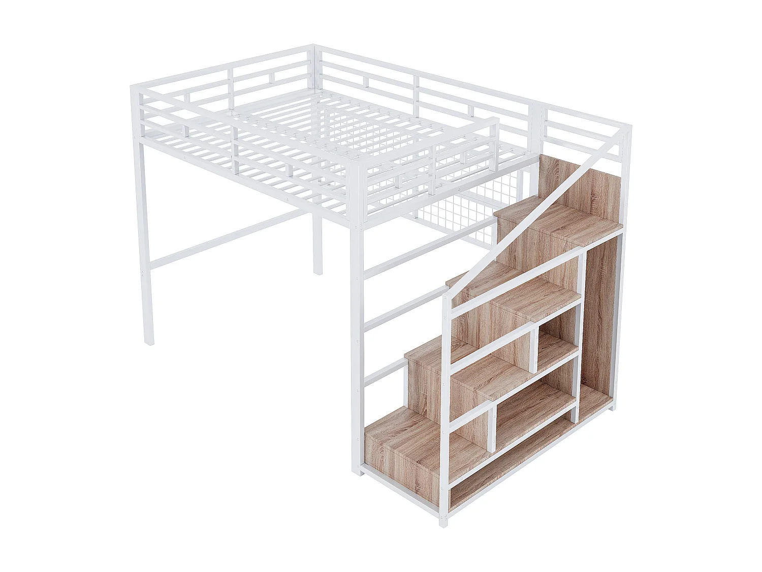 Lit mezzanine 140x200cm avec escalier de rangement, LED et penderie - Métal + MDF - Blanc et bois