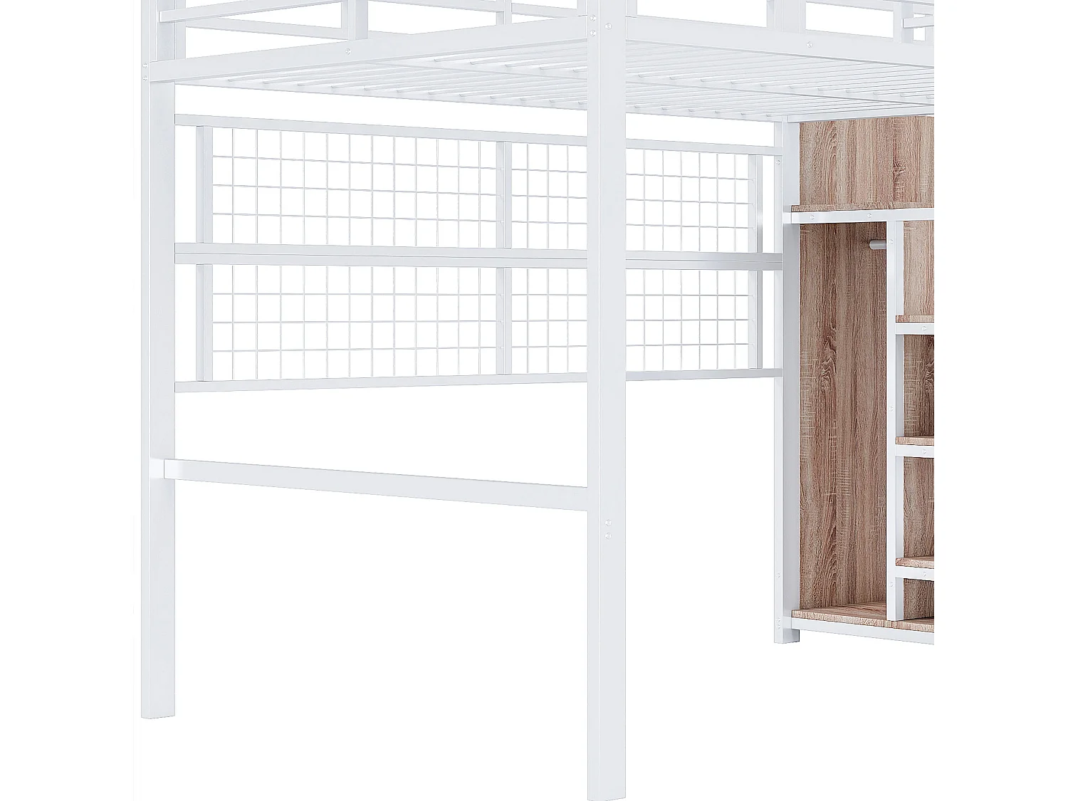 Lit mezzanine 140x200cm avec escalier de rangement, LED et penderie - Métal + MDF - Blanc et bois