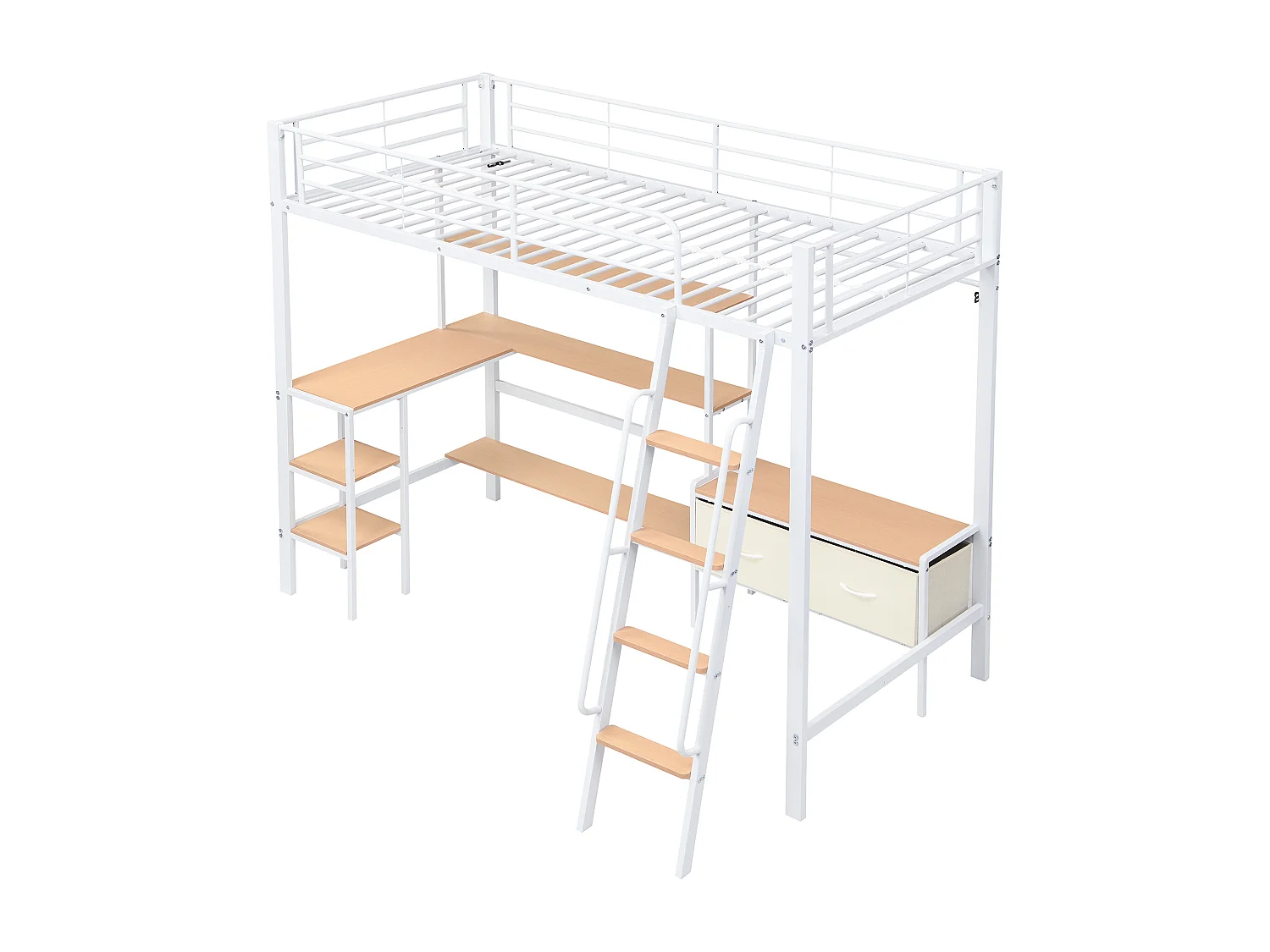 Lit mezzanine 90x200cm avec bureau , étagère et 2 boîte en tissu - Blanc + naturel