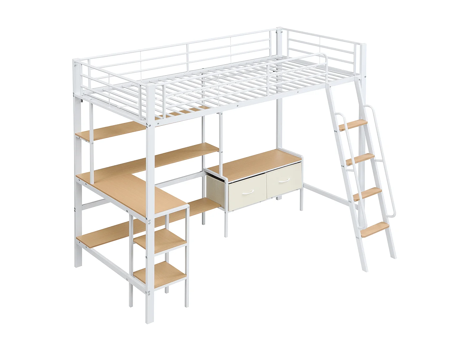 Lit mezzanine 90x200cm avec bureau , étagère et 2 boîte en tissu - Blanc + naturel