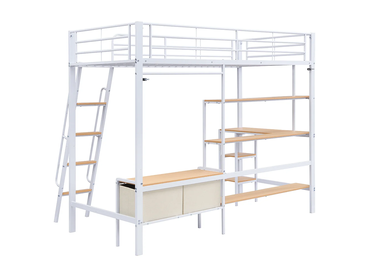 Lit mezzanine 90x200cm avec bureau , étagère et 2 boîte en tissu - Blanc + naturel
