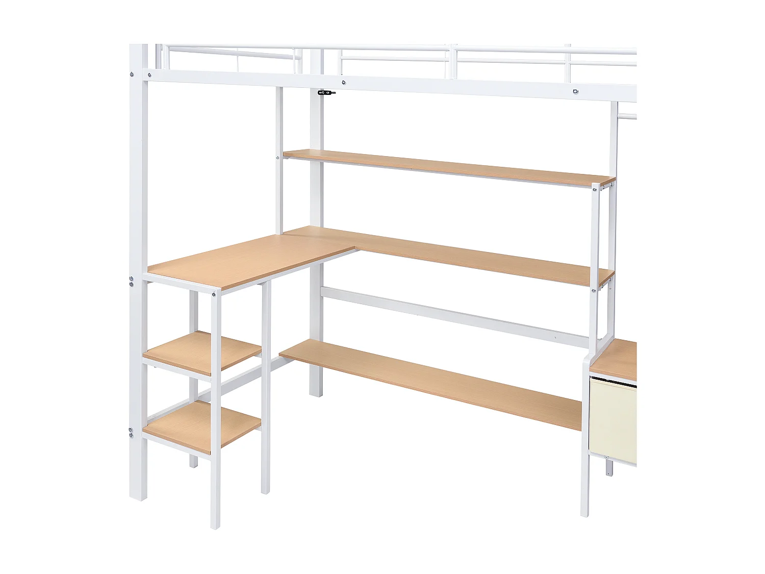 Lit mezzanine 90x200cm avec bureau , étagère et 2 boîte en tissu - Blanc + naturel