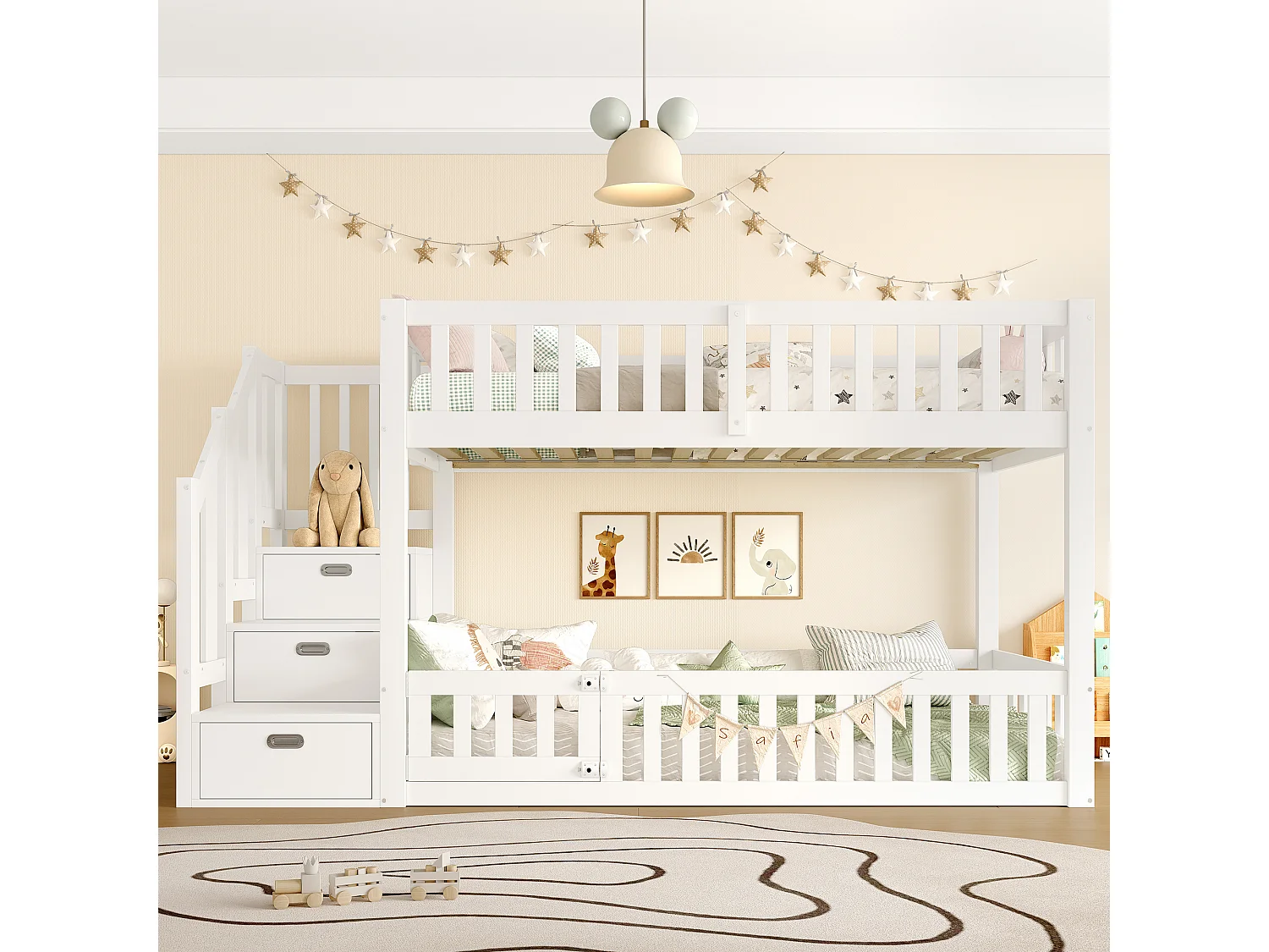 Lit superposé 90x200mm avec escalier de rangement et barrière de sécurité, blanc