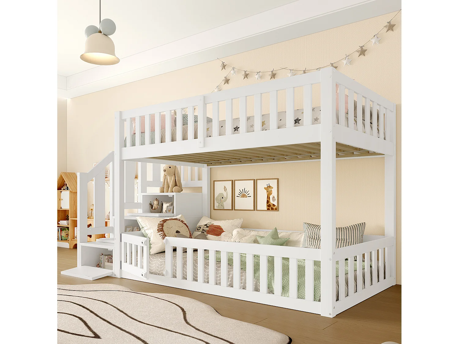 Lit superposé 90x200mm avec escalier de rangement et barrière de sécurité, blanc