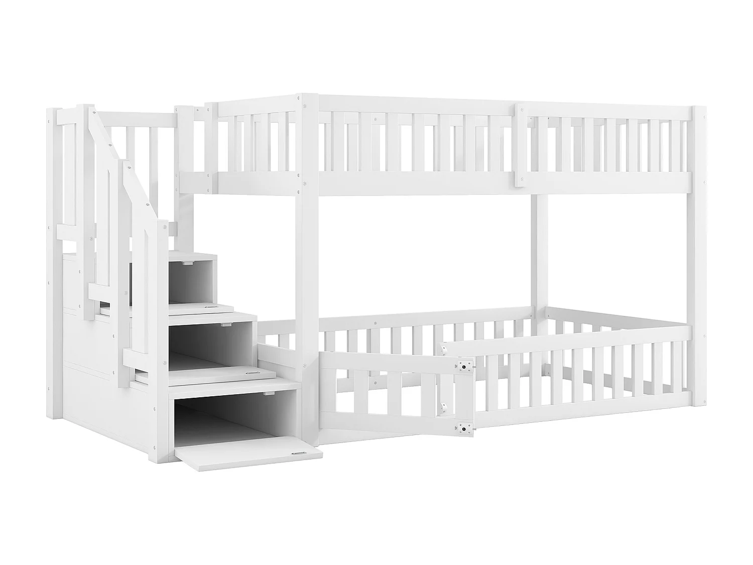 Lit superposé 90x200mm avec escalier de rangement et barrière de sécurité, blanc