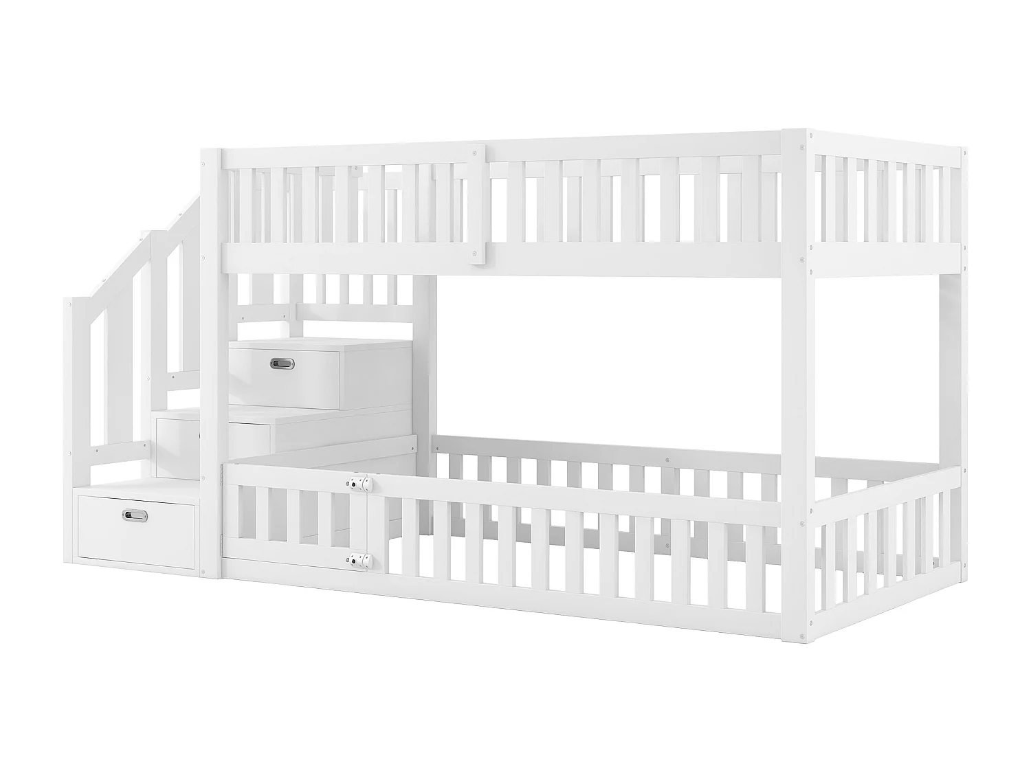 Lit superposé 90x200mm avec escalier de rangement et barrière de sécurité, blanc