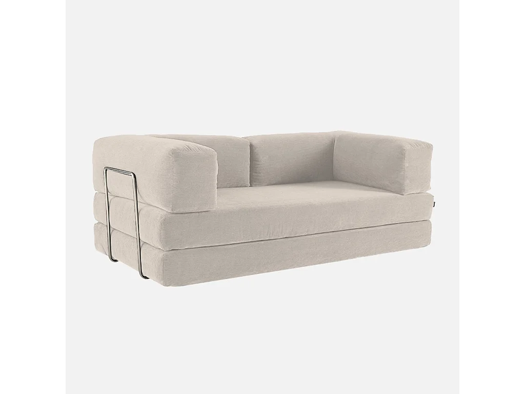 Canapé vintage convertible 3 places en velours côtelé lin et armatures chromées L 200 x P 100 x H 72cm - Seventies