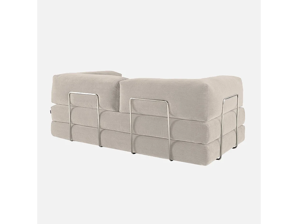 Canapé vintage convertible 3 places en velours côtelé lin et armatures chromées L 200 x P 100 x H 72cm - Seventies