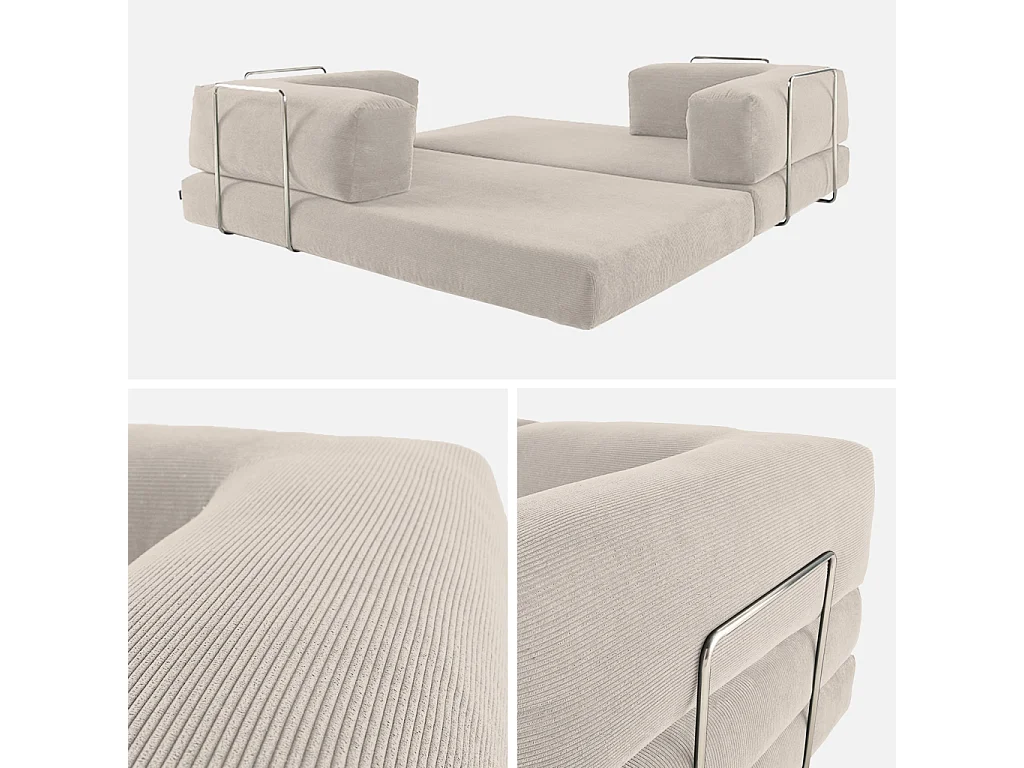 Canapé vintage convertible 3 places en velours côtelé lin et armatures chromées L 200 x P 100 x H 72cm - Seventies