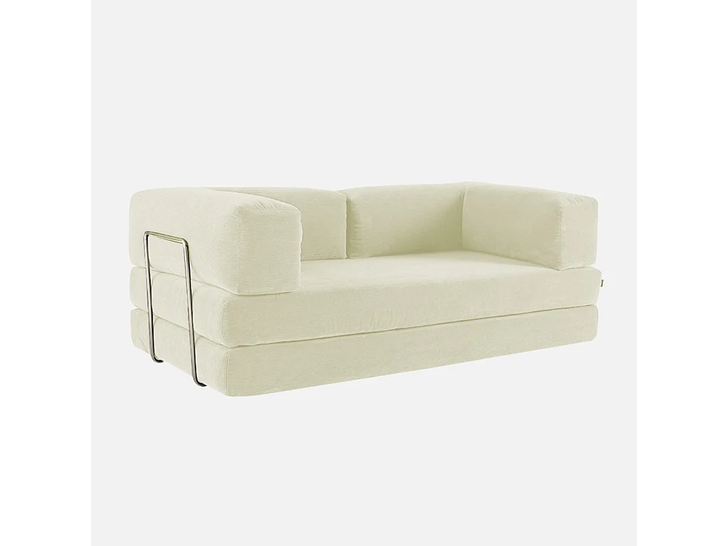 Canapé vintage convertible 3 places en velours côtelé blanc cassé et armatures chromées L 200 x P 100 x H 72cm - Seventies