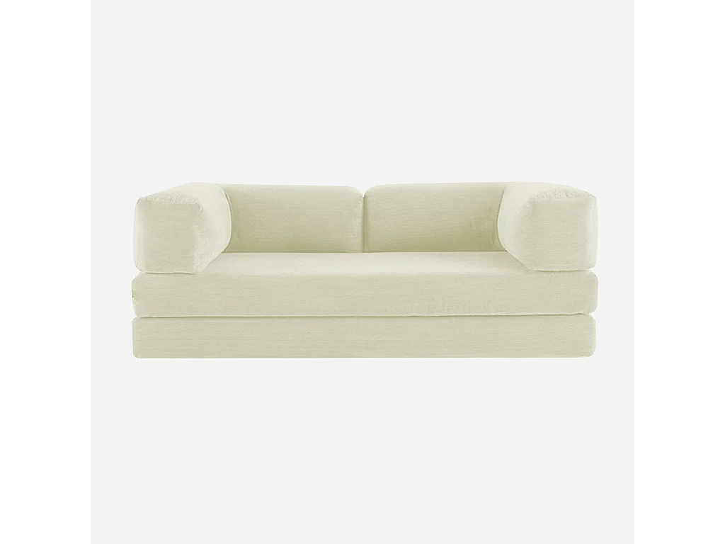 Canapé vintage convertible 3 places en velours côtelé blanc cassé et armatures chromées L 200 x P 100 x H 72cm - Seventies