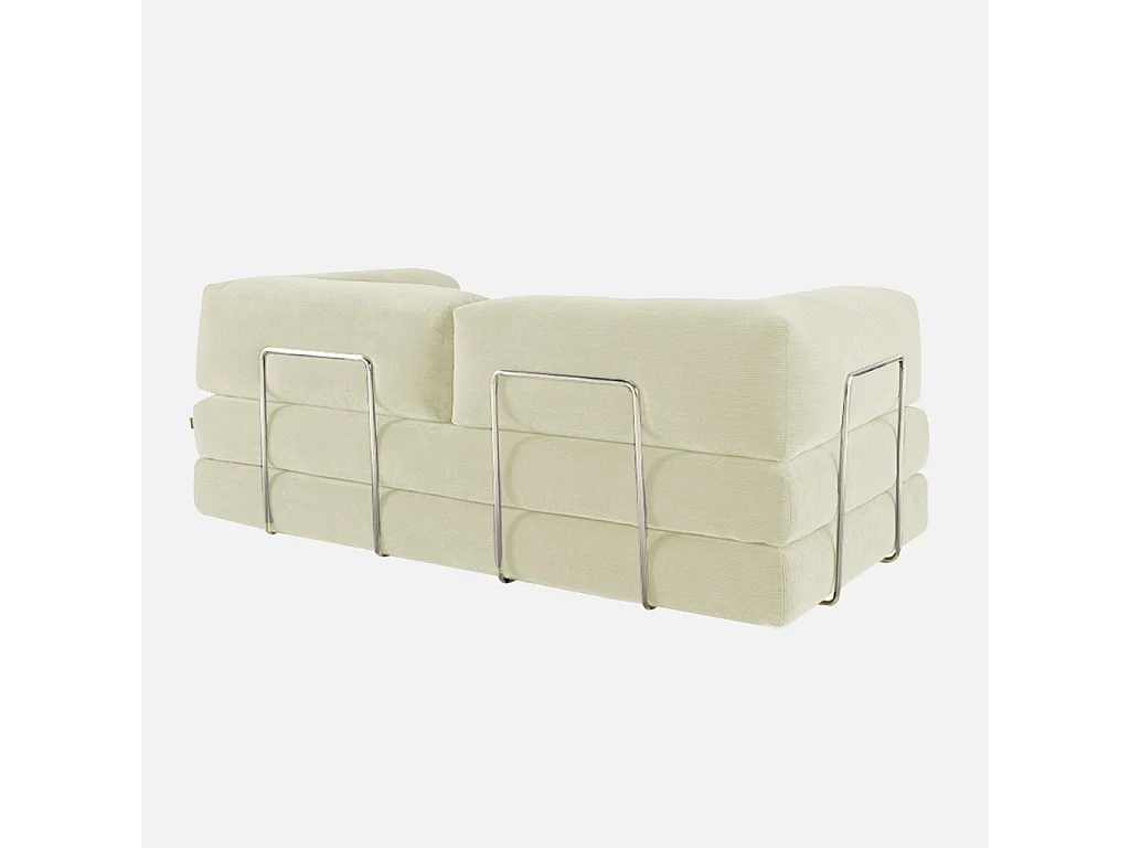 Canapé vintage convertible 3 places en velours côtelé blanc cassé et armatures chromées L 200 x P 100 x H 72cm - Seventies