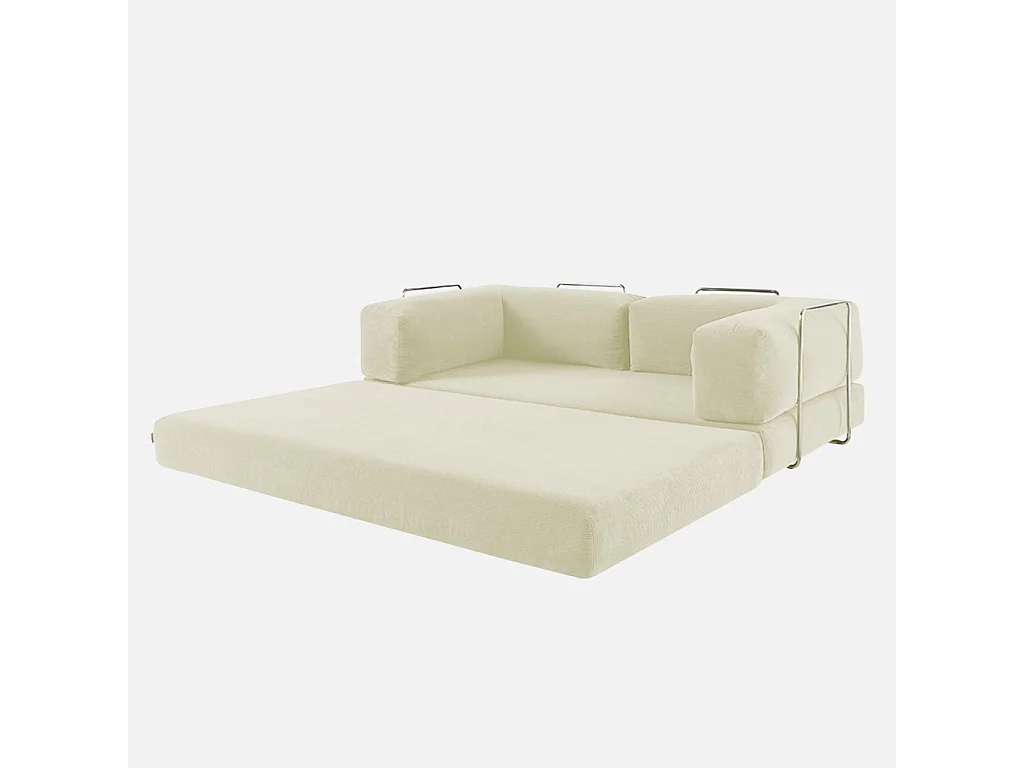 Canapé vintage convertible 3 places en velours côtelé blanc cassé et armatures chromées L 200 x P 100 x H 72cm - Seventies