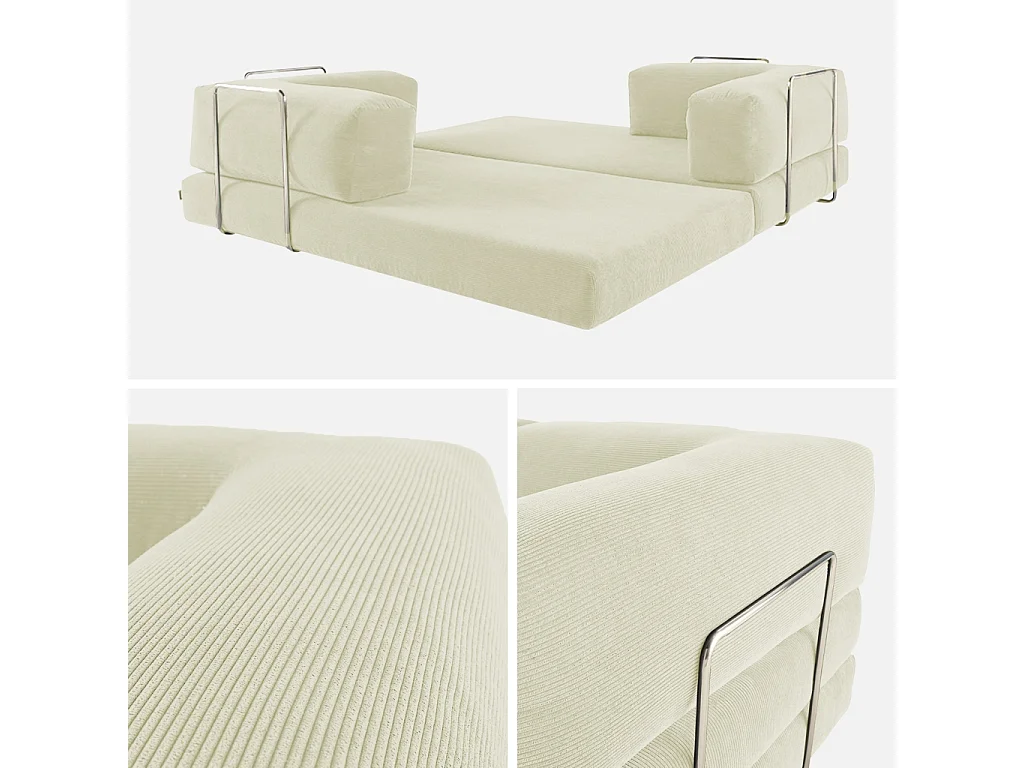 Canapé vintage convertible 3 places en velours côtelé blanc cassé et armatures chromées L 200 x P 100 x H 72cm - Seventies