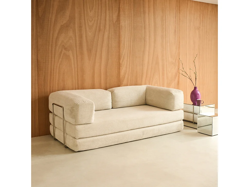 Canapé vintage convertible 3 places en velours côtelé blanc cassé et armatures chromées L 200 x P 100 x H 72cm - Seventies