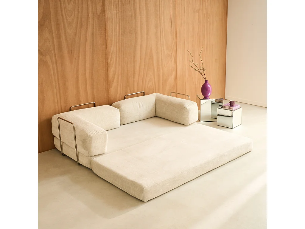 Canapé vintage convertible 3 places en velours côtelé blanc cassé et armatures chromées L 200 x P 100 x H 72cm - Seventies