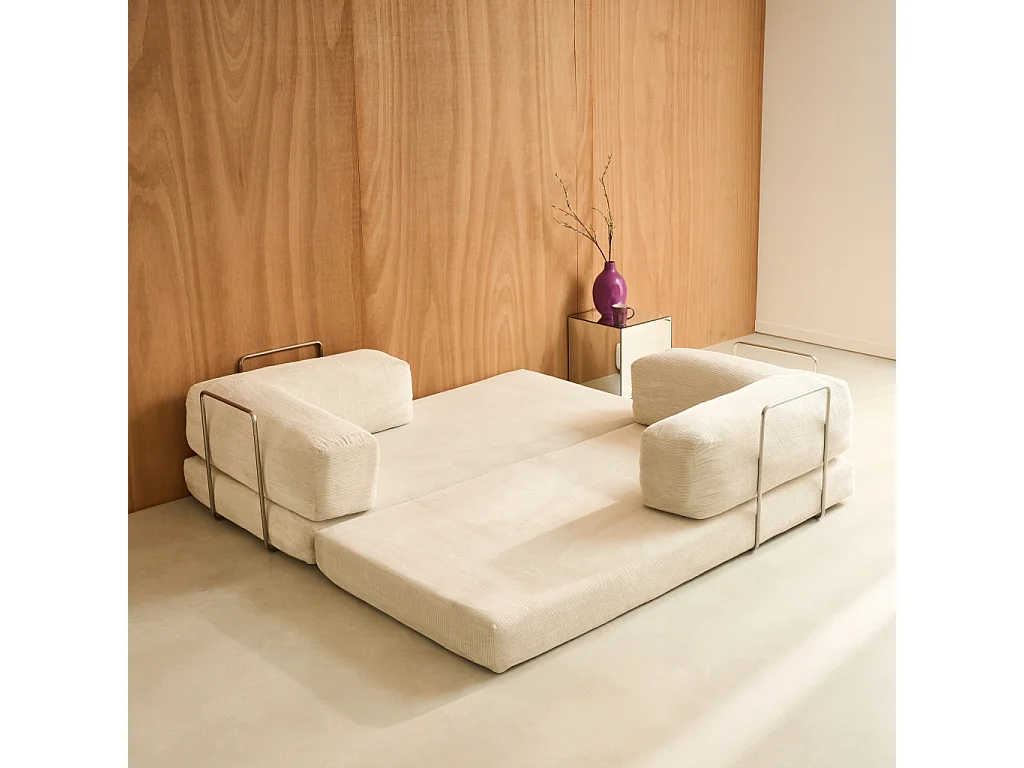 Canapé vintage convertible 3 places en velours côtelé blanc cassé et armatures chromées L 200 x P 100 x H 72cm - Seventies