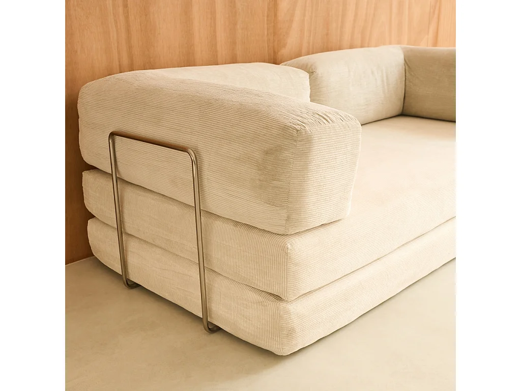 Canapé vintage convertible 3 places en velours côtelé blanc cassé et armatures chromées L 200 x P 100 x H 72cm - Seventies