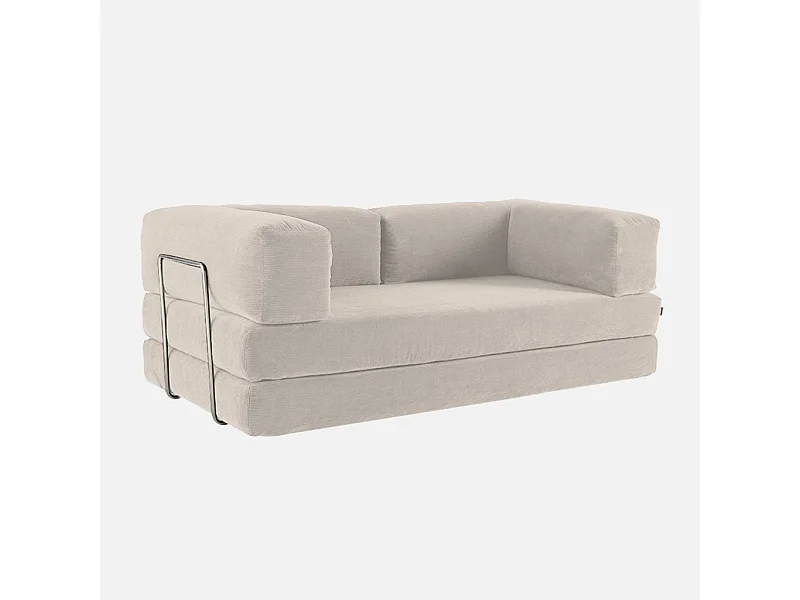 Canapé vintage convertible 3 places en velours côtelé lin et armatures chromées L 200 x P 100 x H 72cm - Seventies