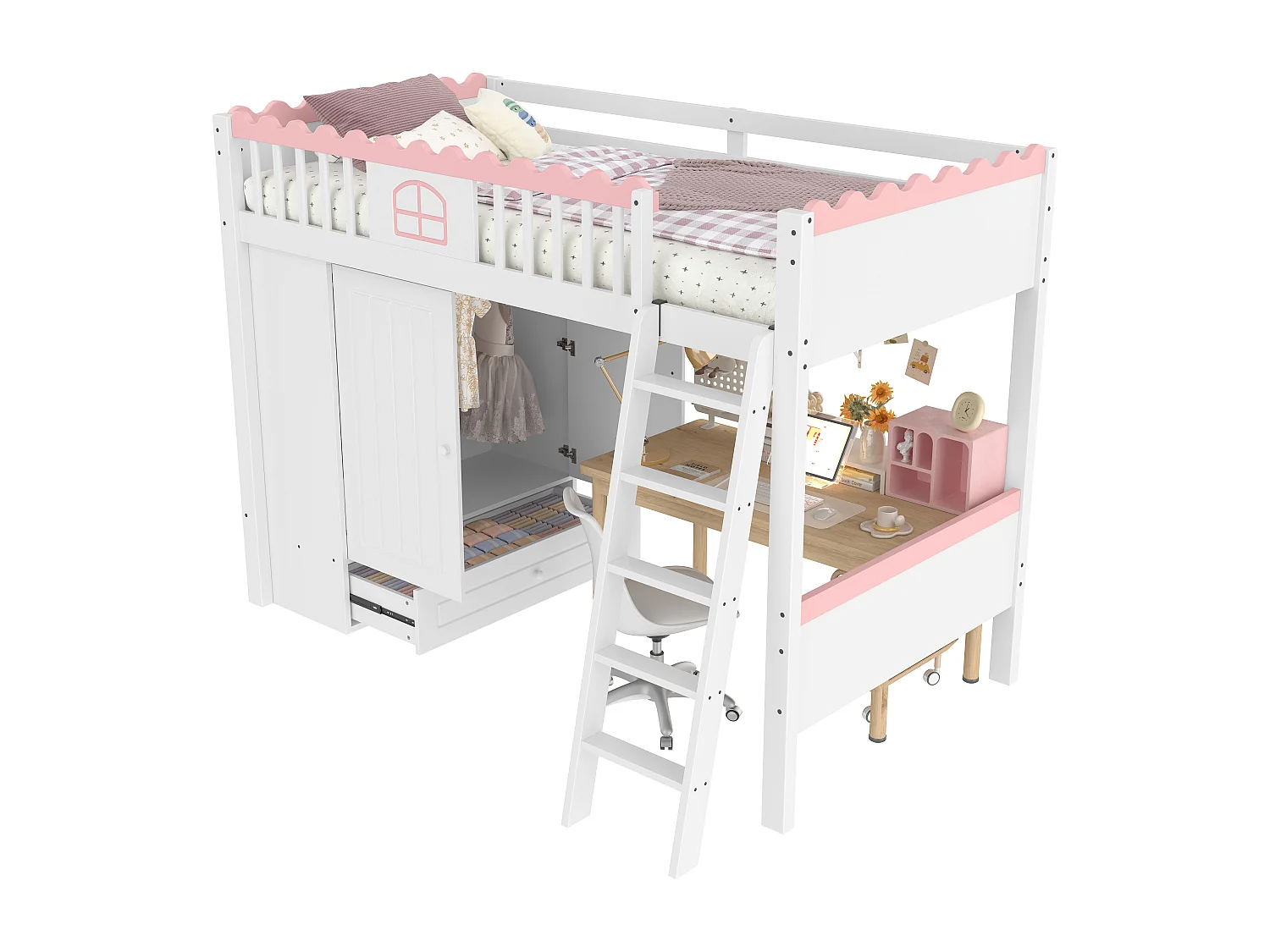 Lit mezzanine simple 90x200cm, lit enfant avec armoire, tiroir et LED, blanc et rose