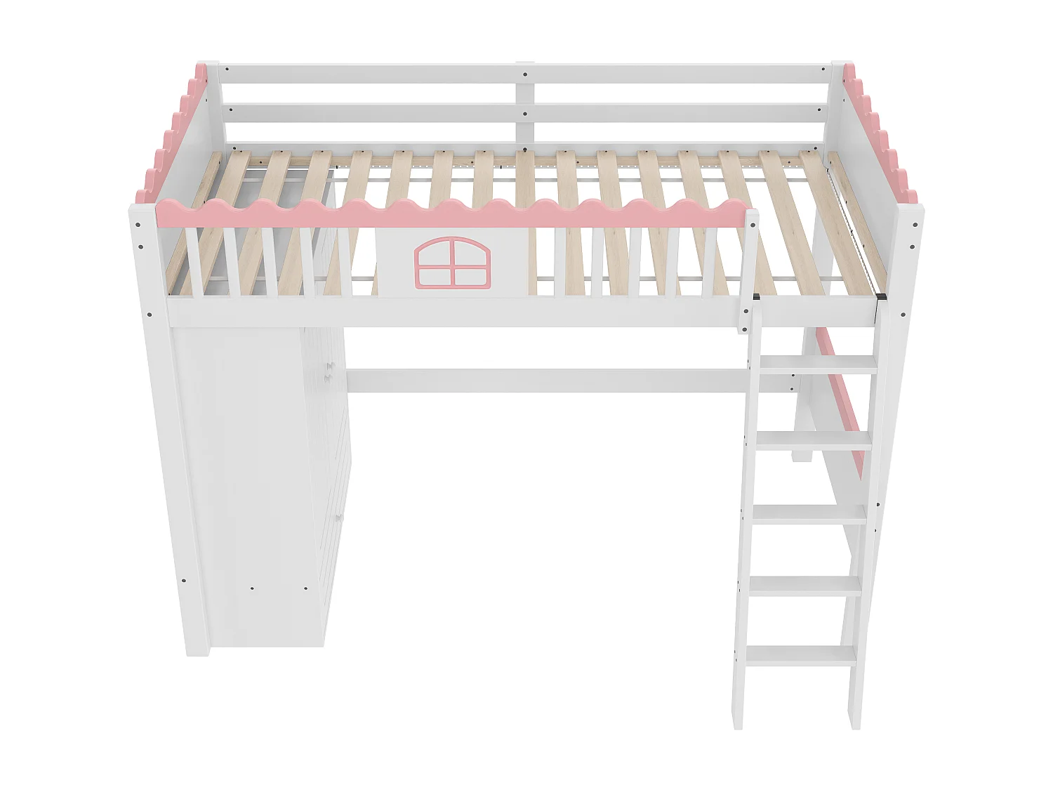 Lit mezzanine simple 90x200cm, lit enfant avec armoire, tiroir et LED, blanc et rose