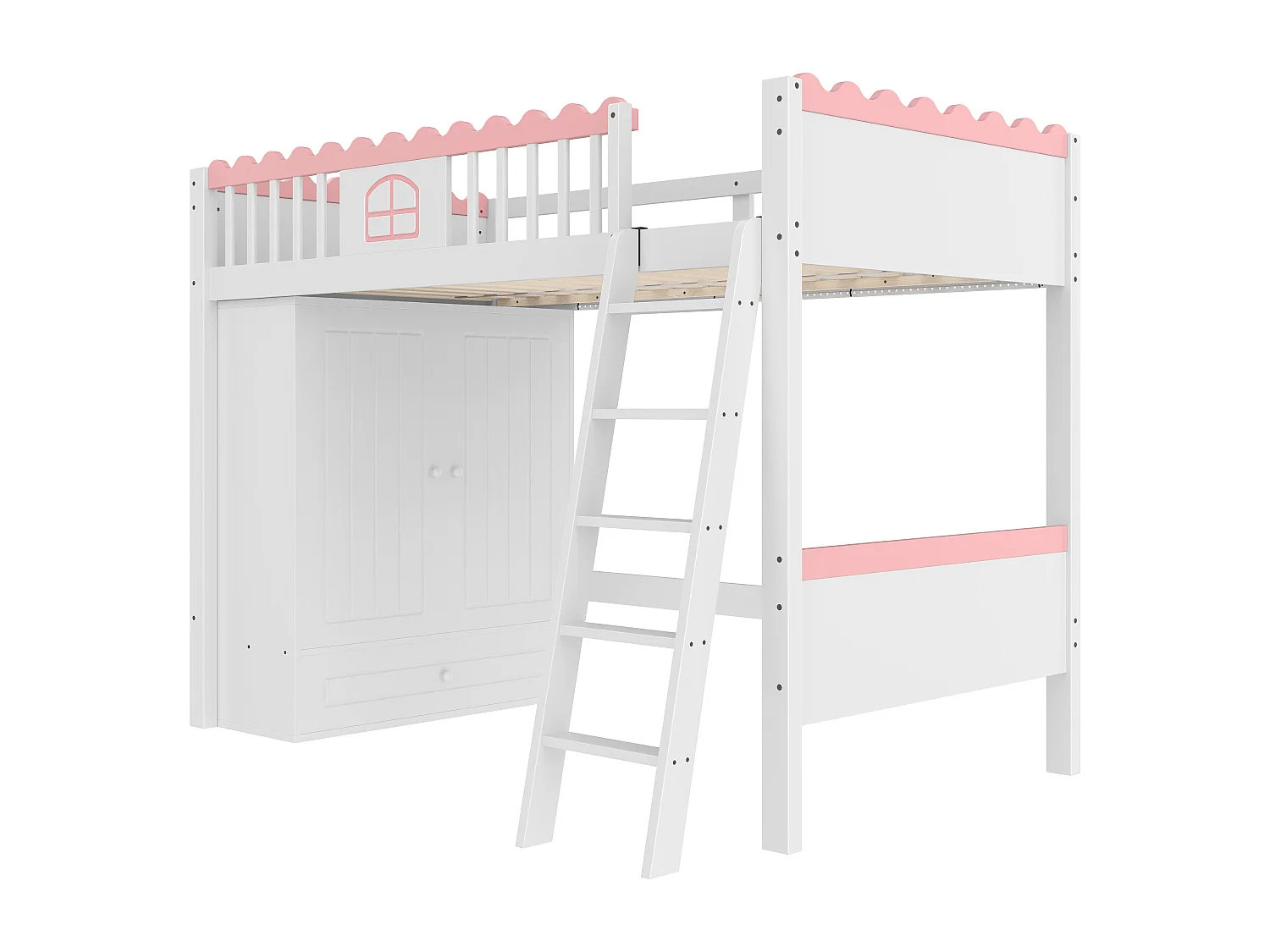 Lit mezzanine simple 90x200cm, lit enfant avec armoire, tiroir et LED, blanc et rose