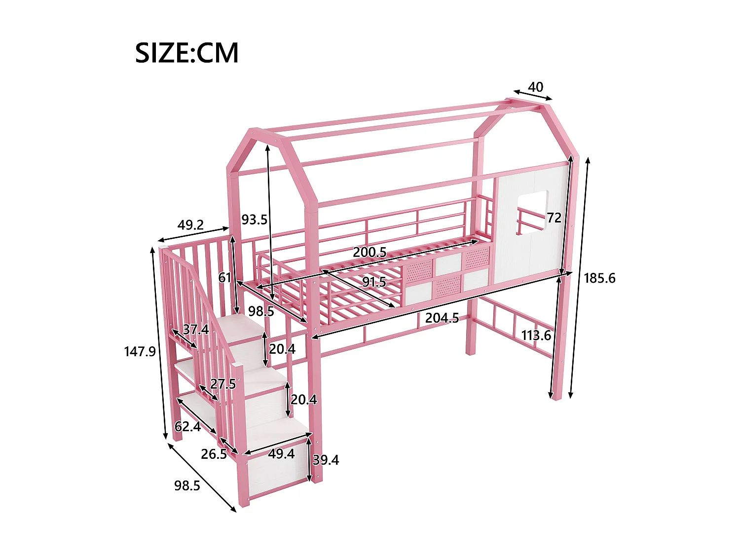 Lit mezzanine enfant 90x20cm avec escalier de rangement et barrière de sécurité, métal + MDF, rose