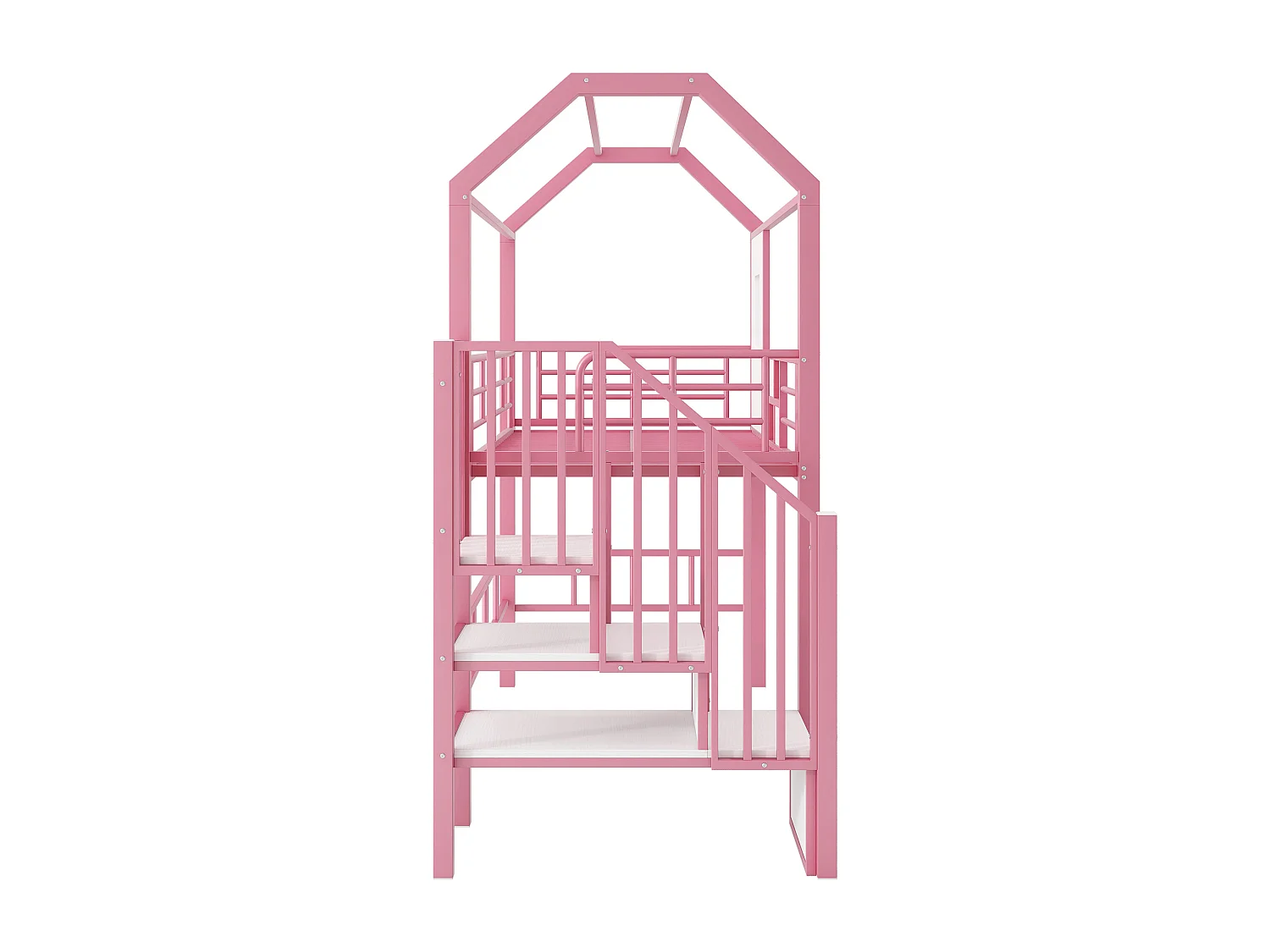 Lit mezzanine enfant 90x20cm avec escalier de rangement et barrière de sécurité, métal + MDF, rose
