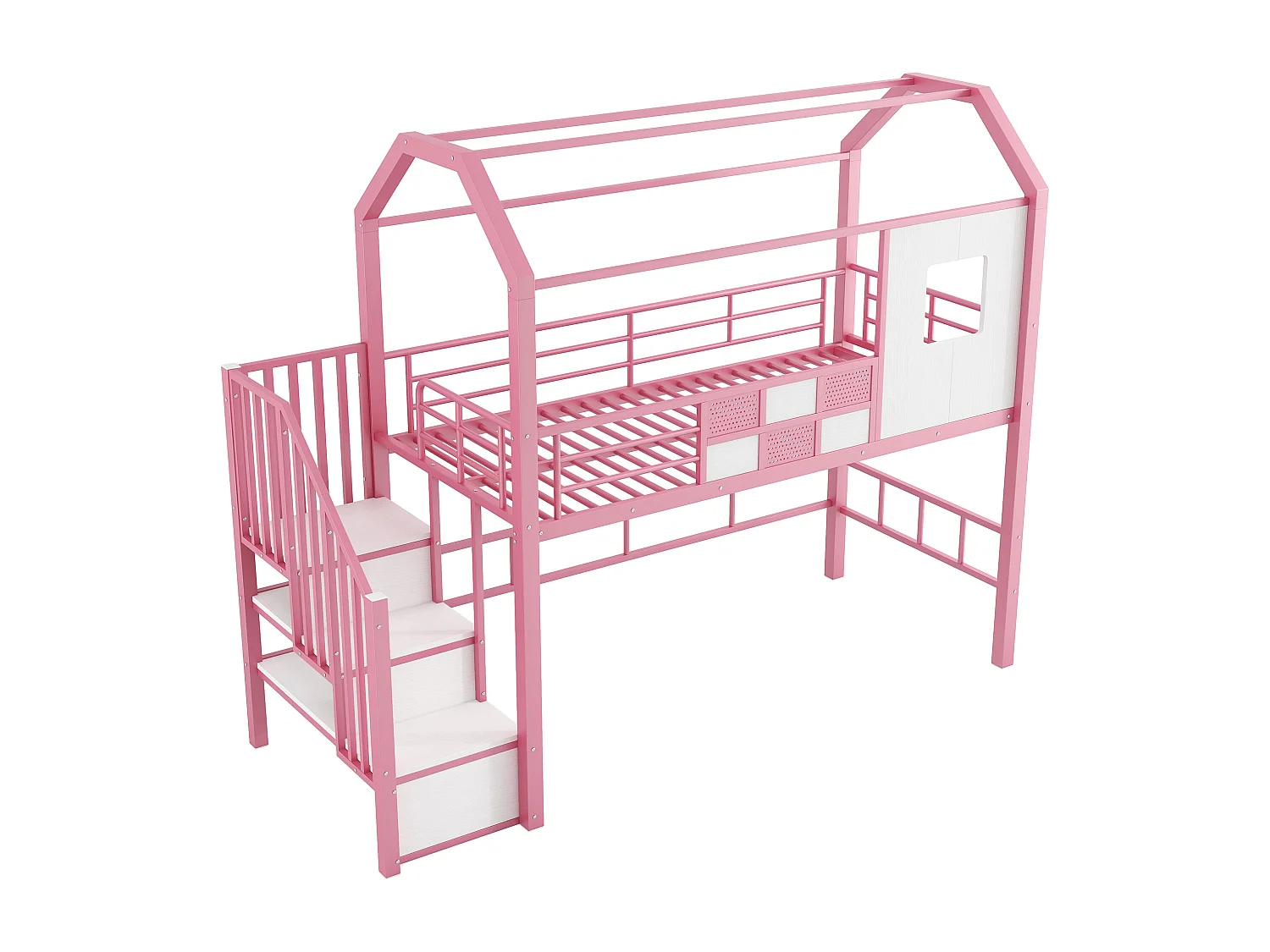 Lit mezzanine enfant 90x20cm avec escalier de rangement et barrière de sécurité, métal + MDF, rose