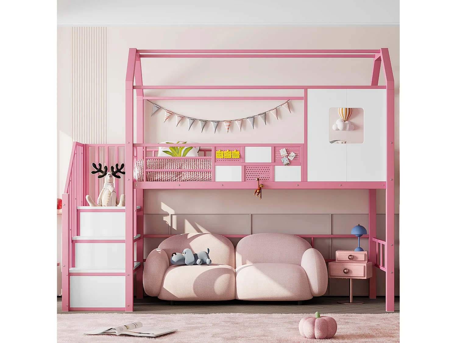 Lit mezzanine enfant 90x20cm avec escalier de rangement et barrière de sécurité, métal + MDF, rose