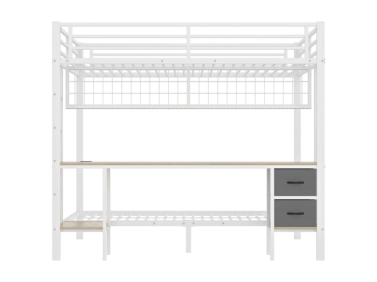 Lit superposé 90x200 cm et 140x200 cm avec 2 tiroirs, bureau, LED et ports USB, blanc
