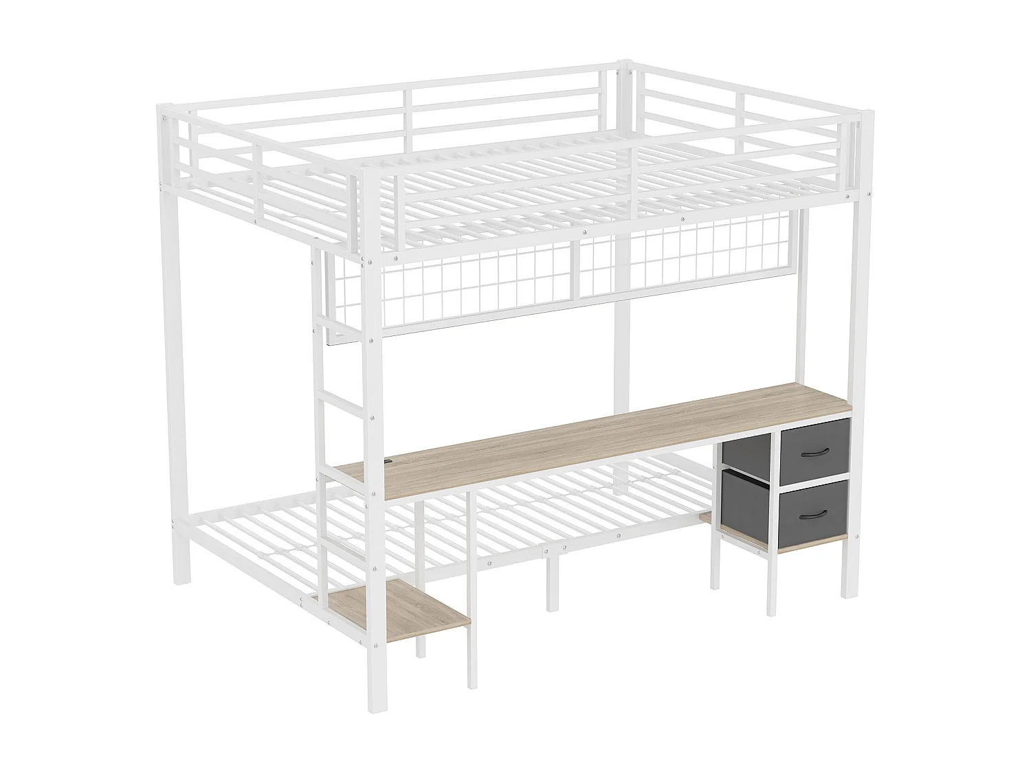 Lit superposé 90x200 cm et 140x200 cm avec 2 tiroirs, bureau, LED et ports USB, blanc