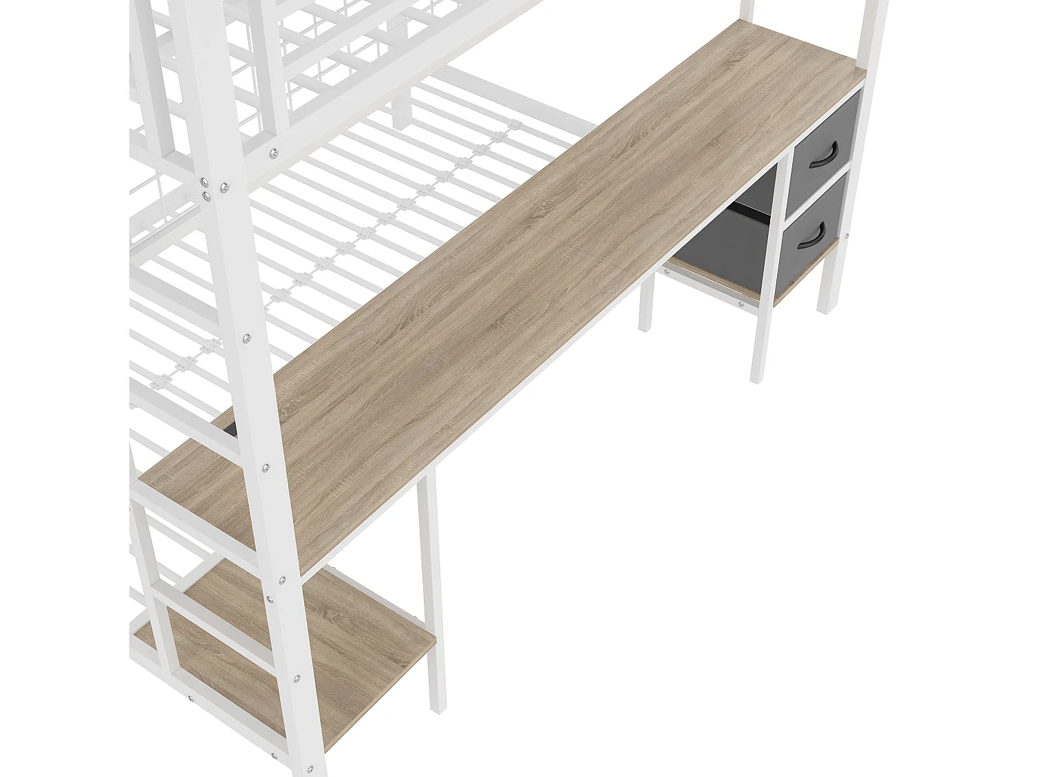 Lit superposé 90x200 cm et 140x200 cm avec 2 tiroirs, bureau, LED et ports USB, blanc