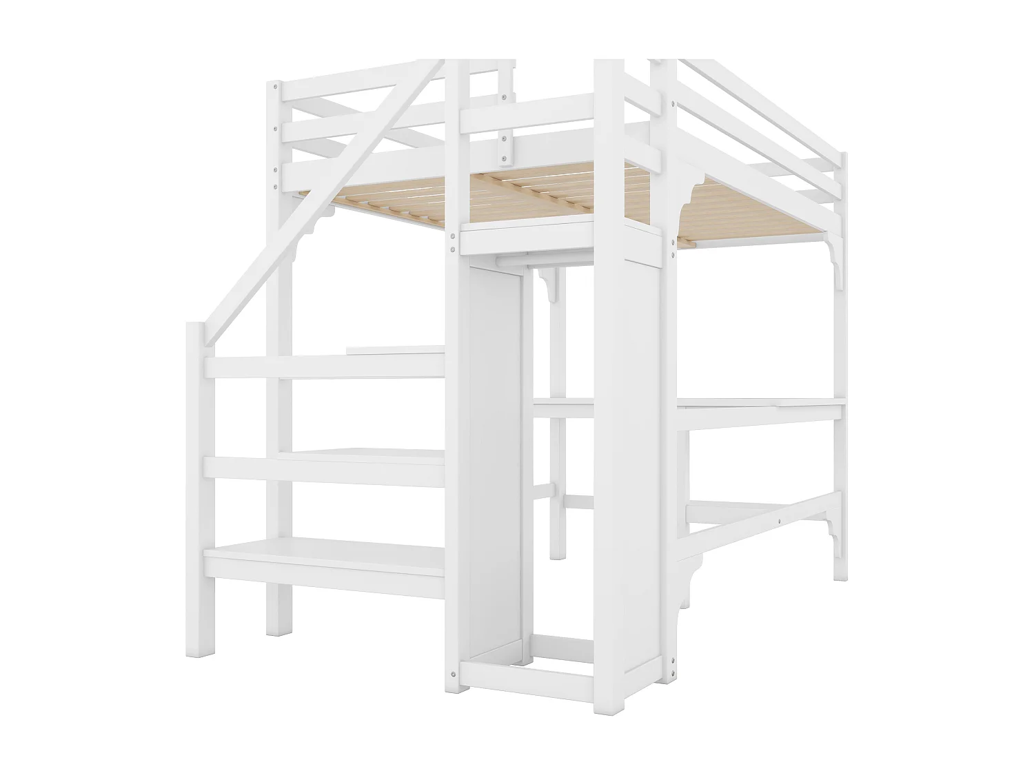 Lit mezzanine 140x200cm avec bureau en L, armoire et escalier, pin + MDF, blanc