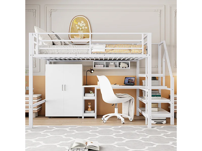 Lit mezzanine 140x200cm avec escalier de rangement, bureau et armoire - Métal + MDF - Blanc
