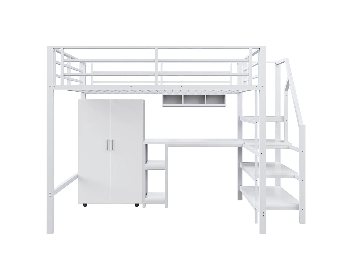 Hoogslaper 140x200cm met opbergtrap, bureau en kledingkast - Metaal + MDF - Wit