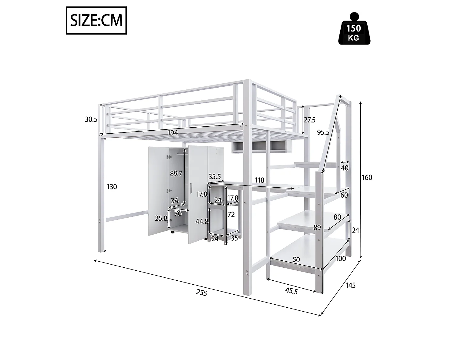 Hoogslaper 140x200cm met opbergtrap, bureau en kledingkast - Metaal + MDF - Wit