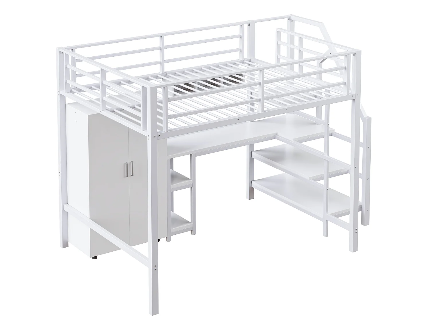Hoogslaper 140x200cm met opbergtrap, bureau en kledingkast - Metaal + MDF - Wit