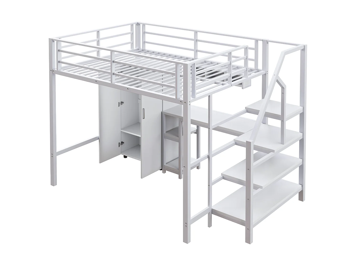 Hoogslaper 140x200cm met opbergtrap, bureau en kledingkast - Metaal + MDF - Wit