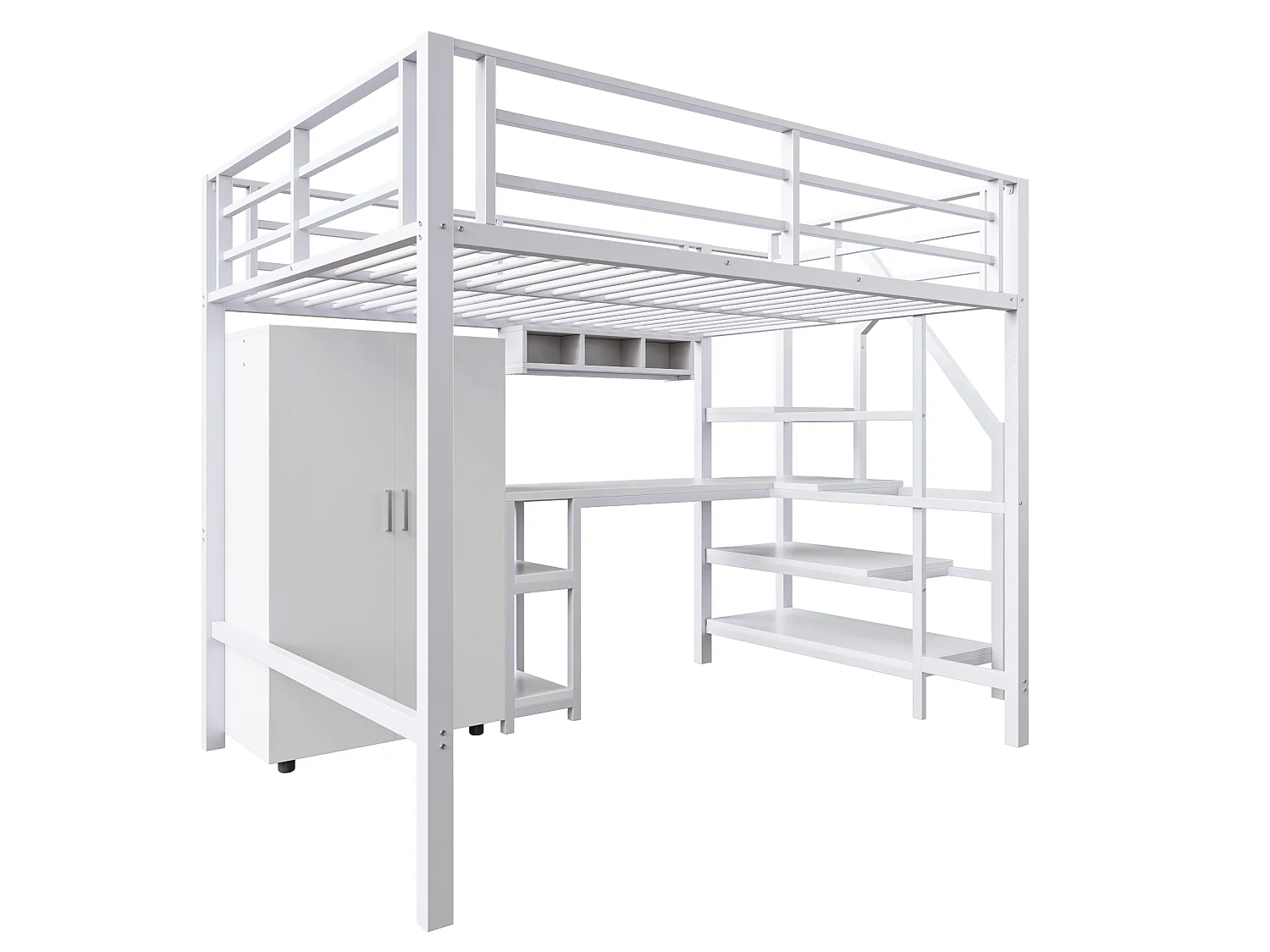 Hoogslaper 140x200cm met opbergtrap, bureau en kledingkast - Metaal + MDF - Wit