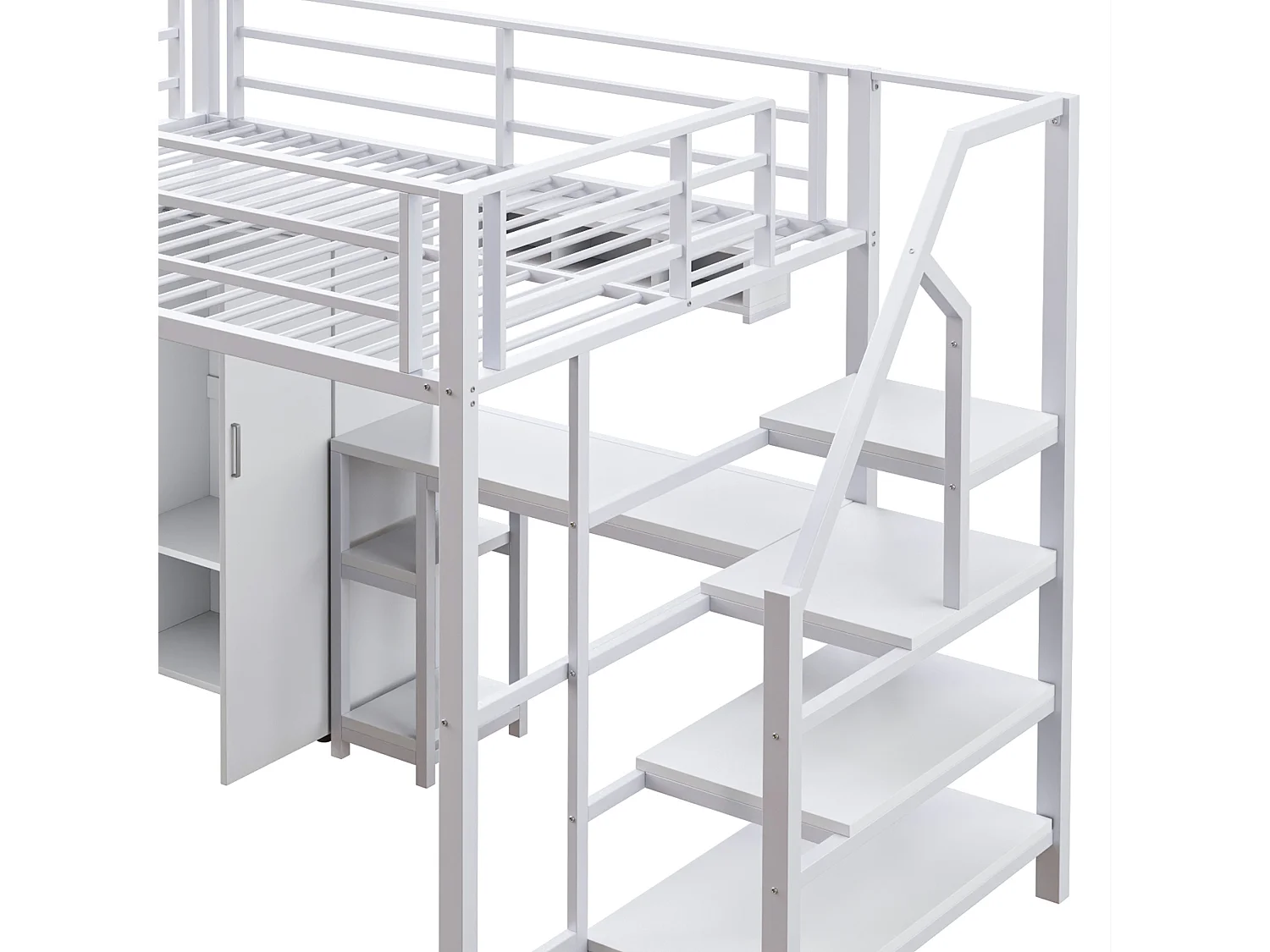 Hoogslaper 140x200cm met opbergtrap, bureau en kledingkast - Metaal + MDF - Wit