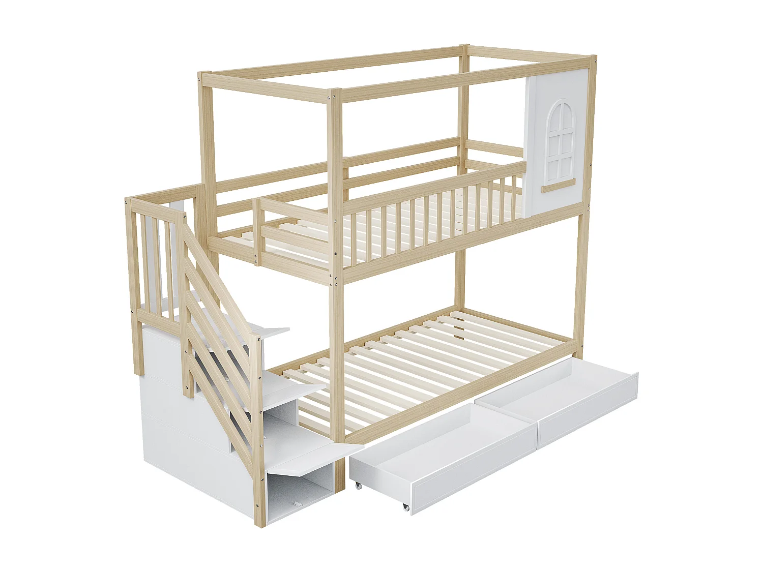 Lit superposé enfant 90x200cm avec 2 tiroirs et escalier de rangement - Lit cabane - blanc et naturel