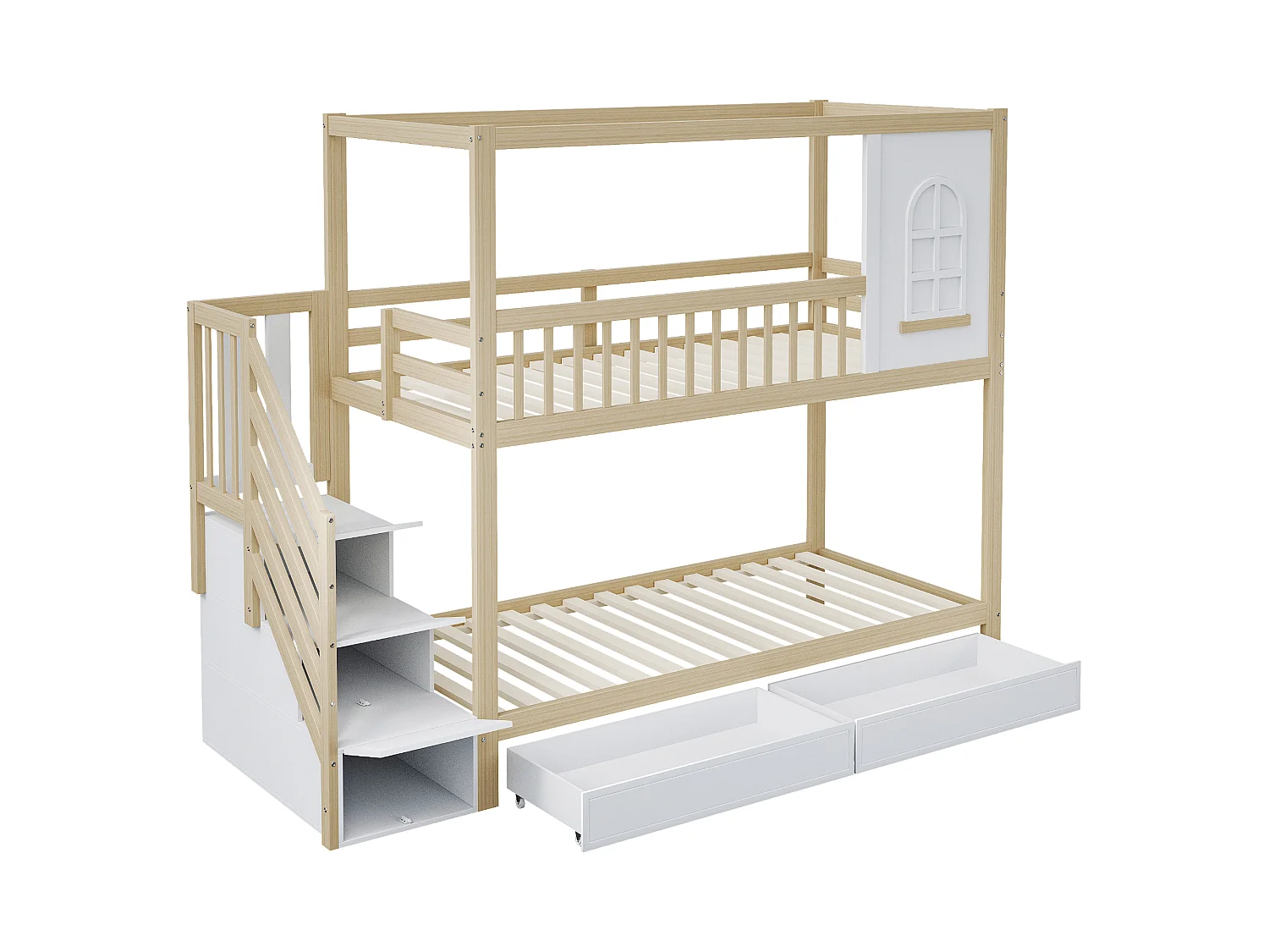 Beliche infantil 90x200cm com 2 gavetas e escada com espaço para arrumação - Cama tipo cabana - branco e natural