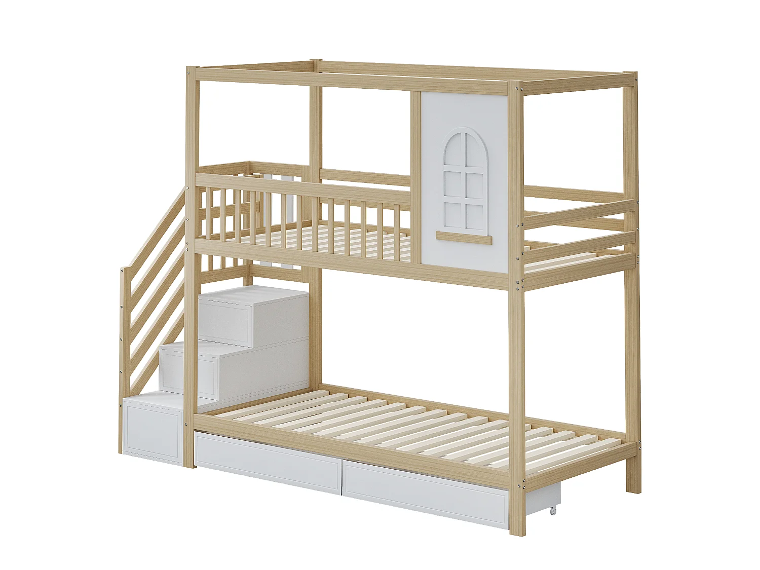 Beliche infantil 90x200cm com 2 gavetas e escada com espaço para arrumação - Cama tipo cabana - branco e natural
