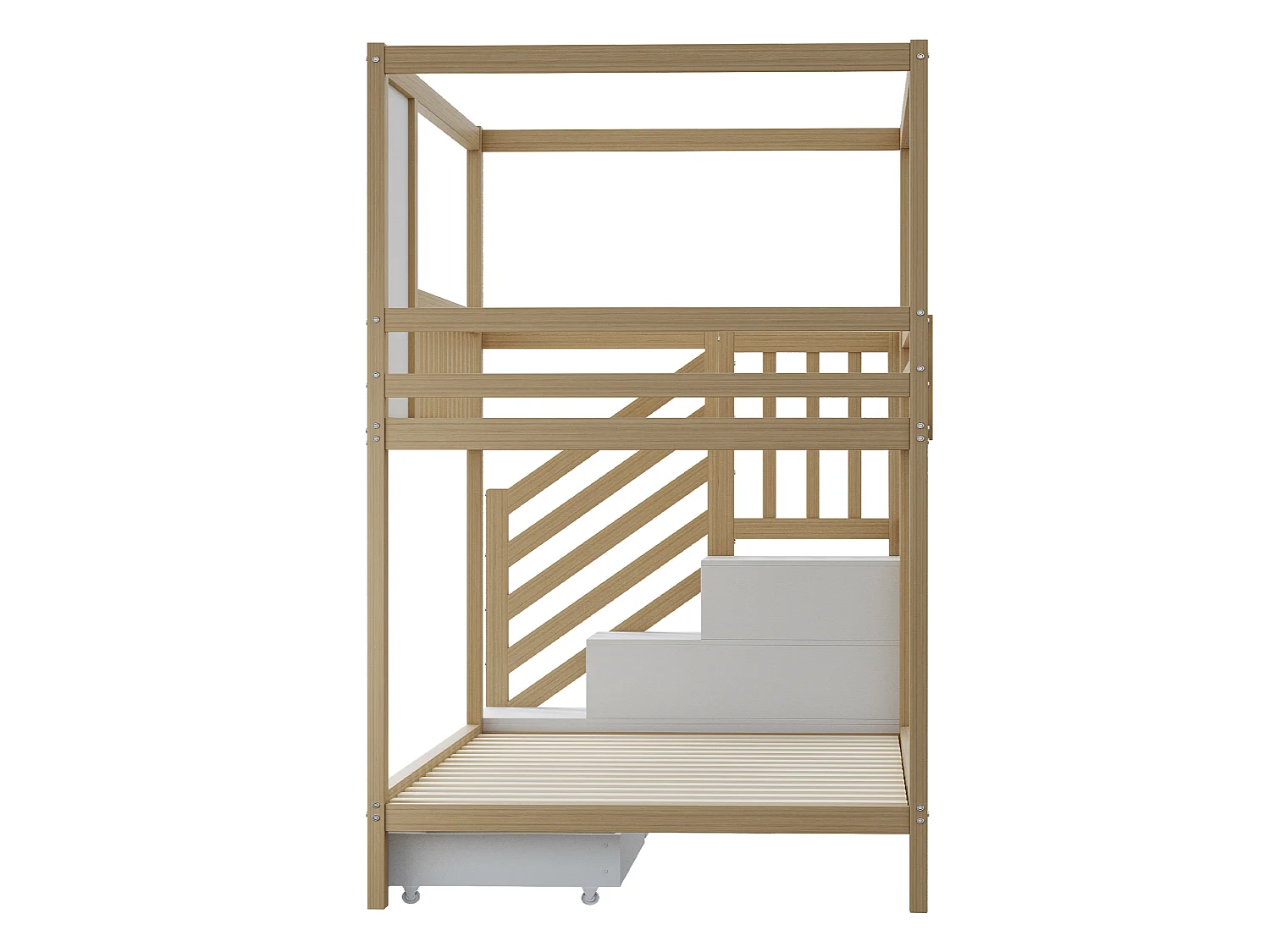 Beliche infantil 90x200cm com 2 gavetas e escada com espaço para arrumação - Cama tipo cabana - branco e natural